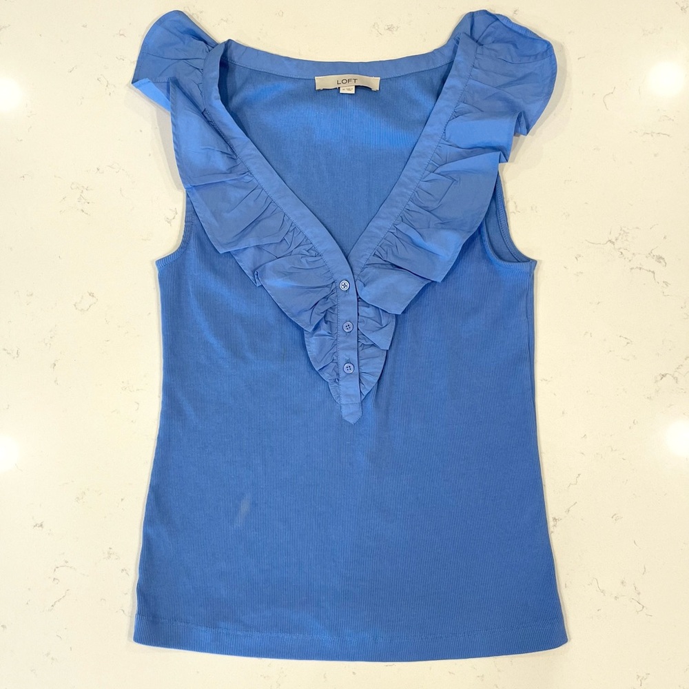 LOFT Ruffle Mixed Media V-Neck Top, Women’s M